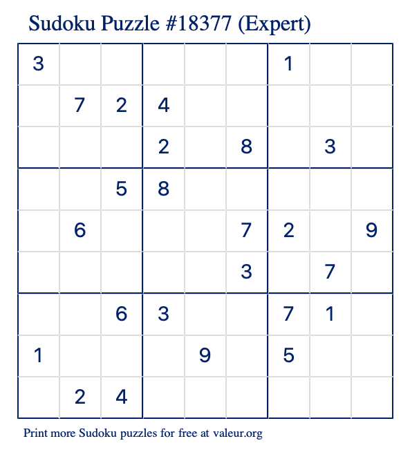 Free Printable Expert Sudoku Puzzle number 18377