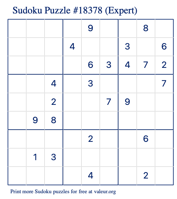 Free Printable Expert Sudoku Puzzle number 18378