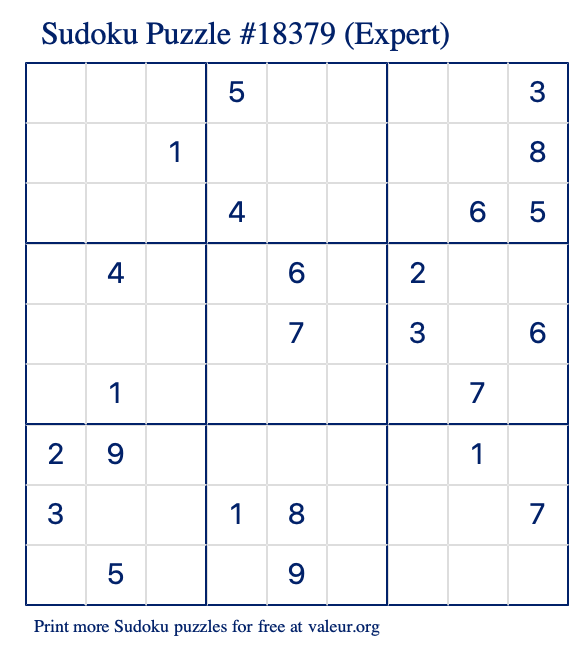 Free Printable Expert Sudoku Puzzle number 18379