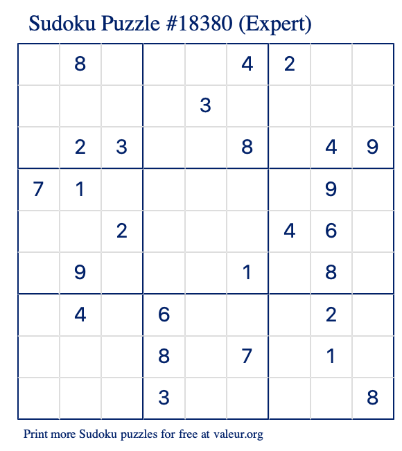 Free Printable Expert Sudoku Puzzle number 18380