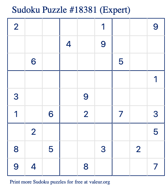 Free Printable Expert Sudoku Puzzle number 18381