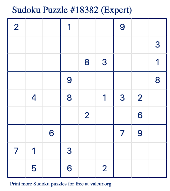 Free Printable Expert Sudoku Puzzle number 18382