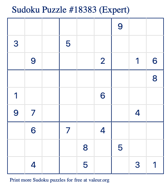 Free Printable Expert Sudoku Puzzle number 18383