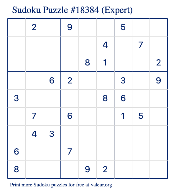 Free Printable Expert Sudoku Puzzle number 18384