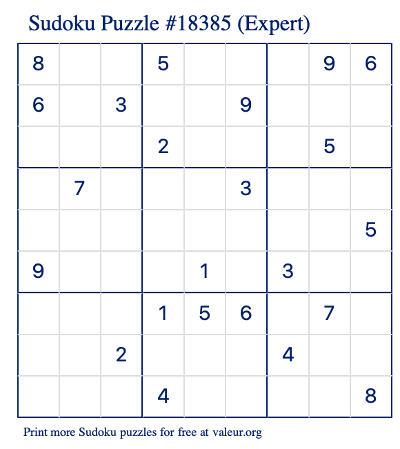 Free Printable Expert Sudoku Puzzle number 18385