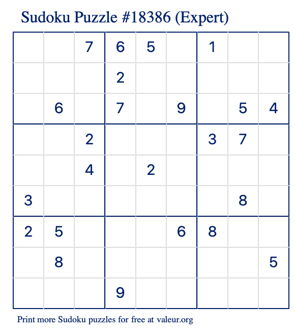 Free Printable Expert Sudoku Puzzle number 18386