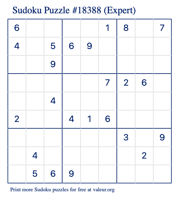 Free Printable Expert Sudoku Puzzle number 18388