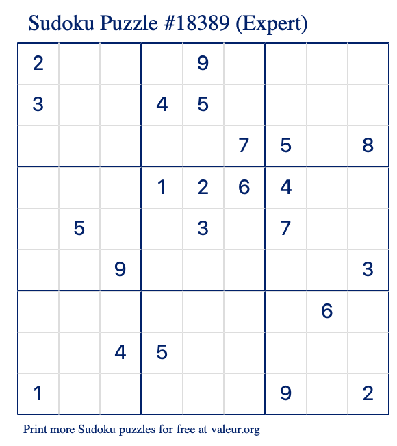 Free Printable Expert Sudoku Puzzle number 18389