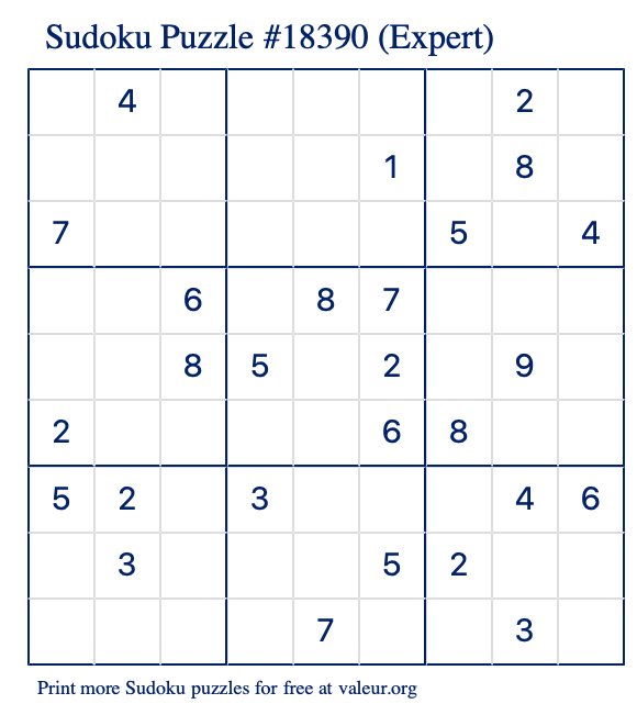 Free Printable Expert Sudoku Puzzle number 18390