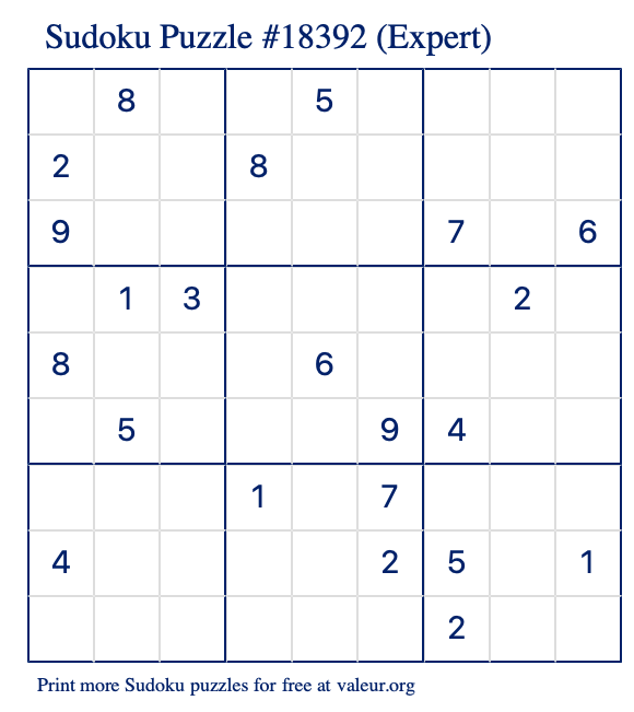 Free Printable Expert Sudoku Puzzle number 18392