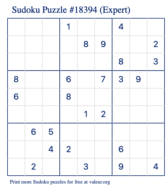 Free Printable Expert Sudoku Puzzle number 18394