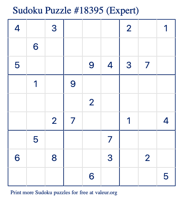 Free Printable Expert Sudoku Puzzle number 18395
