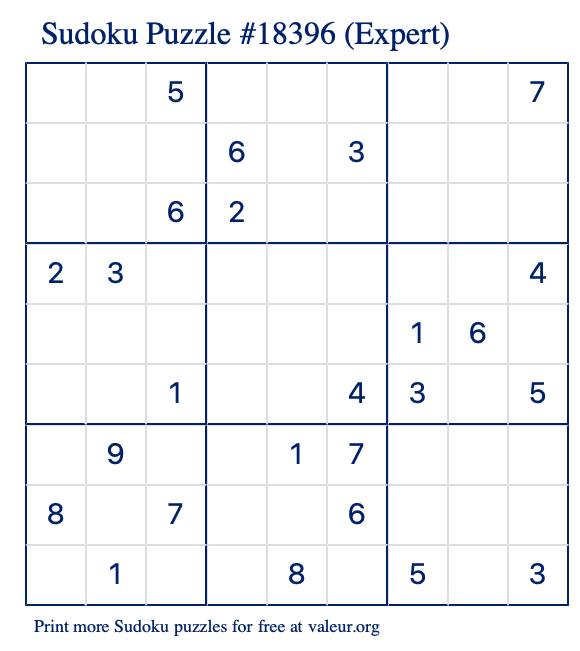 Free Printable Expert Sudoku Puzzle number 18396