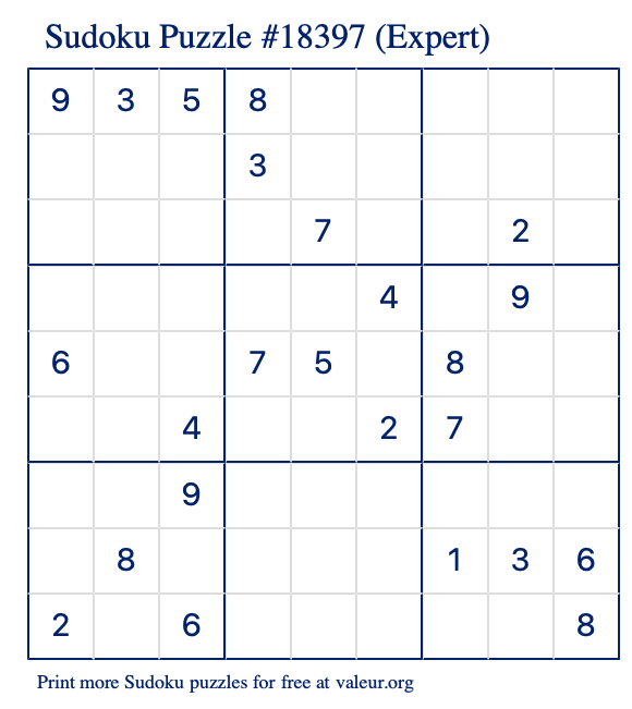 Free Printable Expert Sudoku Puzzle number 18397