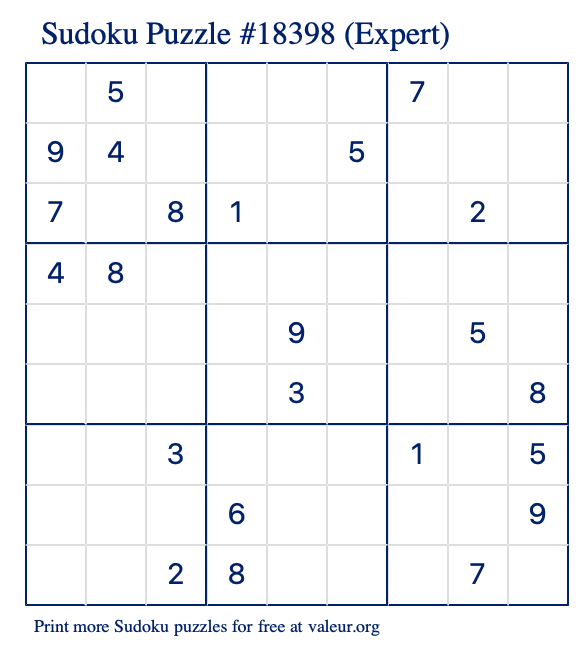 Free Printable Expert Sudoku Puzzle number 18398