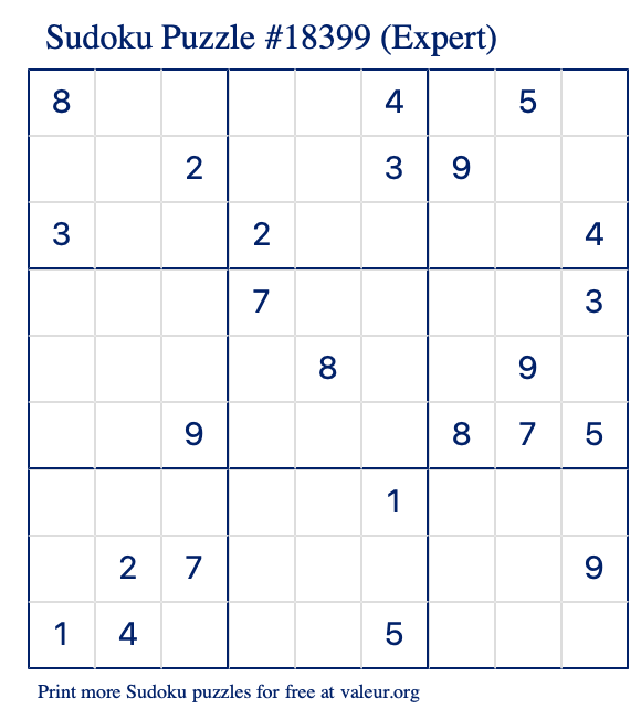 Free Printable Expert Sudoku Puzzle number 18399