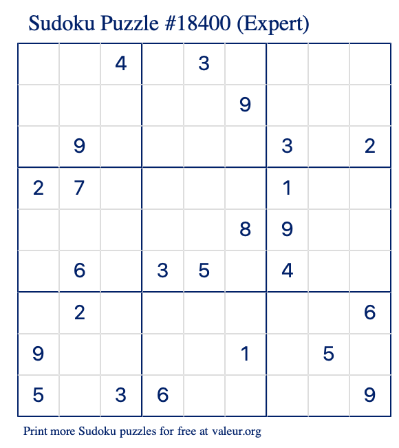 Free Printable Expert Sudoku Puzzle number 18400