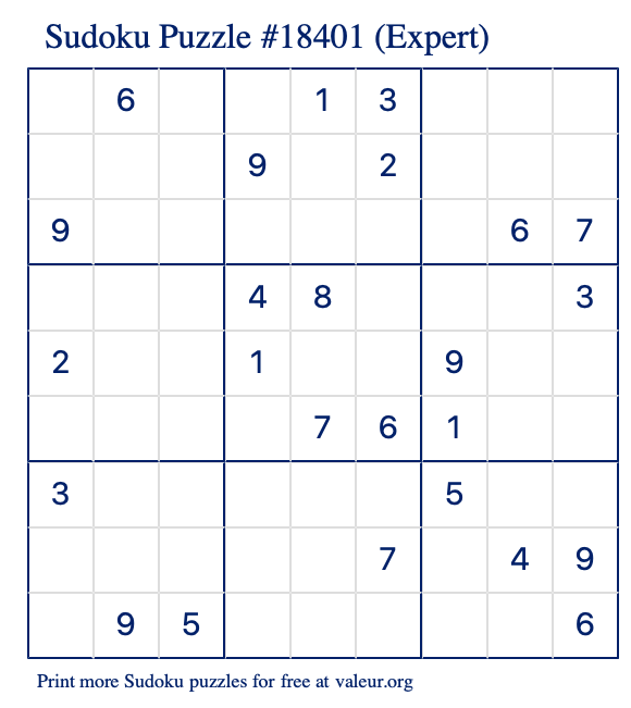 Free Printable Expert Sudoku Puzzle number 18401