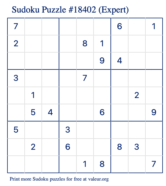 Free Printable Expert Sudoku Puzzle number 18402