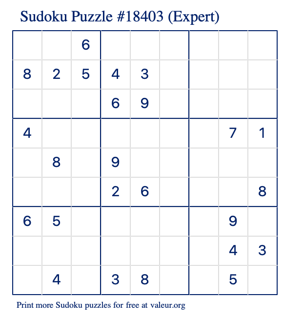 Free Printable Expert Sudoku Puzzle number 18403