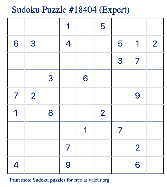 Free Printable Expert Sudoku Puzzle number 18404