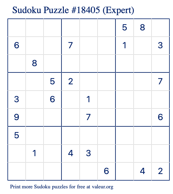 Free Printable Expert Sudoku Puzzle number 18405