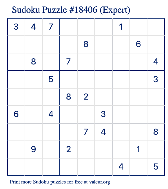 Free Printable Expert Sudoku Puzzle number 18406