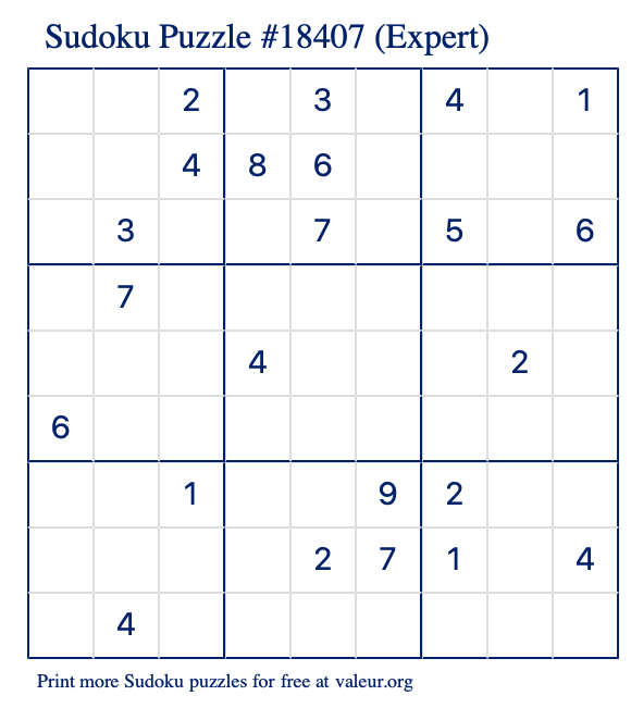 Free Printable Expert Sudoku Puzzle number 18407