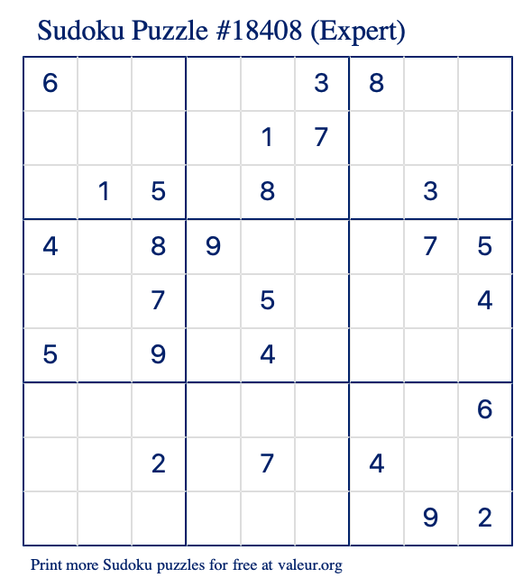 Free Printable Expert Sudoku Puzzle number 18408