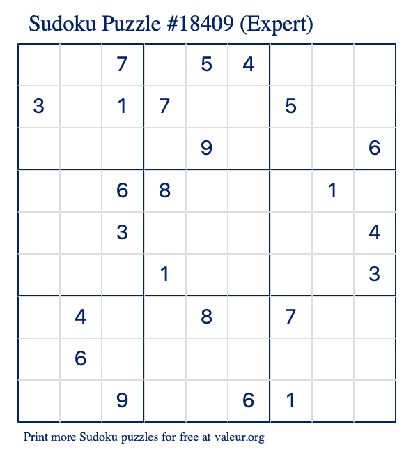 Free Printable Expert Sudoku Puzzle number 18409