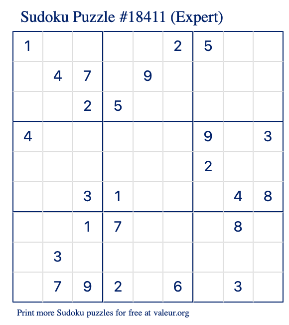 Free Printable Expert Sudoku Puzzle number 18411