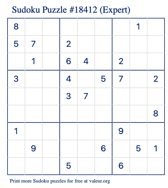 Free Printable Expert Sudoku Puzzle number 18412