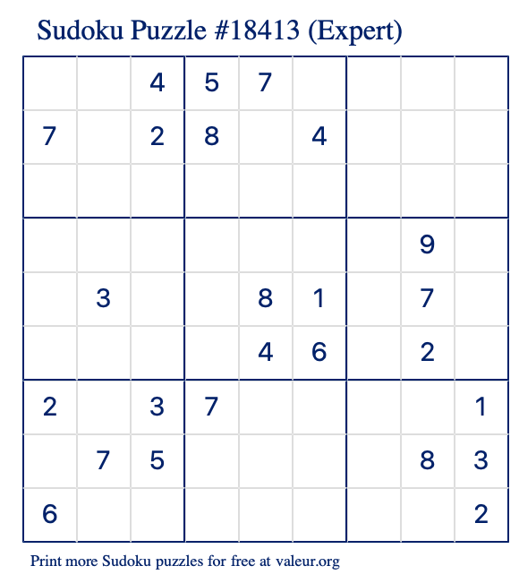 Free Printable Expert Sudoku Puzzle number 18413