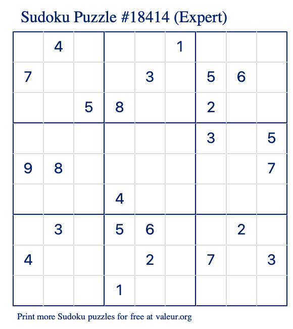 Free Printable Expert Sudoku Puzzle number 18414