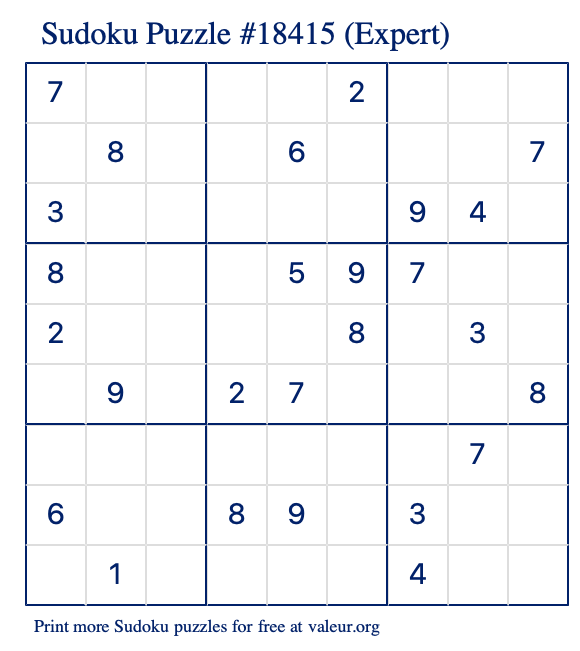 Free Printable Expert Sudoku Puzzle number 18415