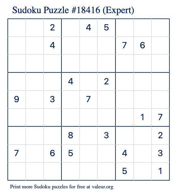 Free Printable Expert Sudoku Puzzle number 18416