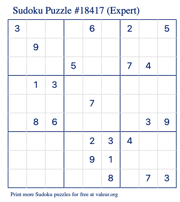 Free Printable Expert Sudoku Puzzle number 18417