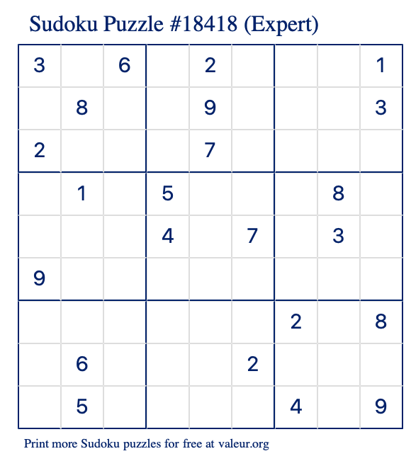 Free Printable Expert Sudoku Puzzle number 18418