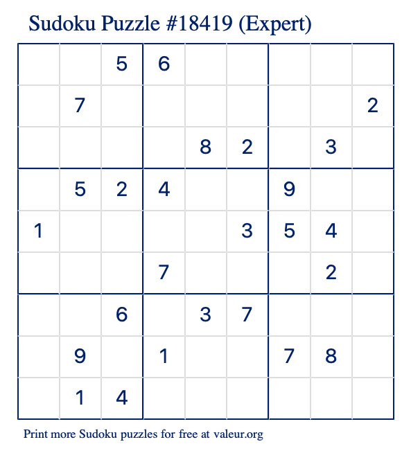 Free Printable Expert Sudoku Puzzle number 18419