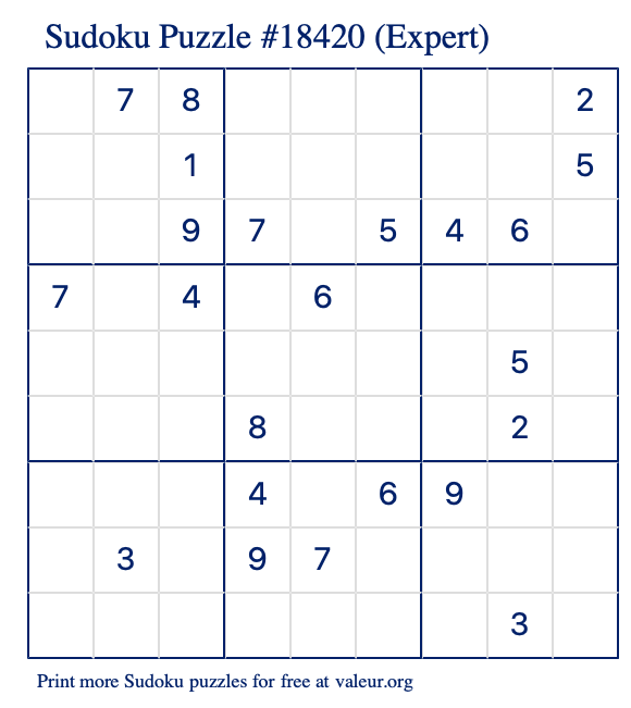 Free Printable Expert Sudoku Puzzle number 18420