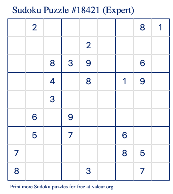 Free Printable Expert Sudoku Puzzle number 18421