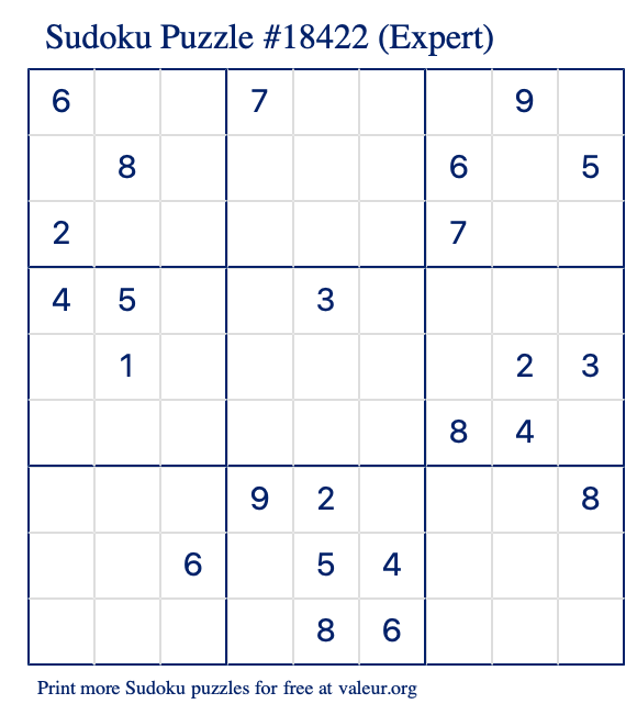 Free Printable Expert Sudoku Puzzle number 18422