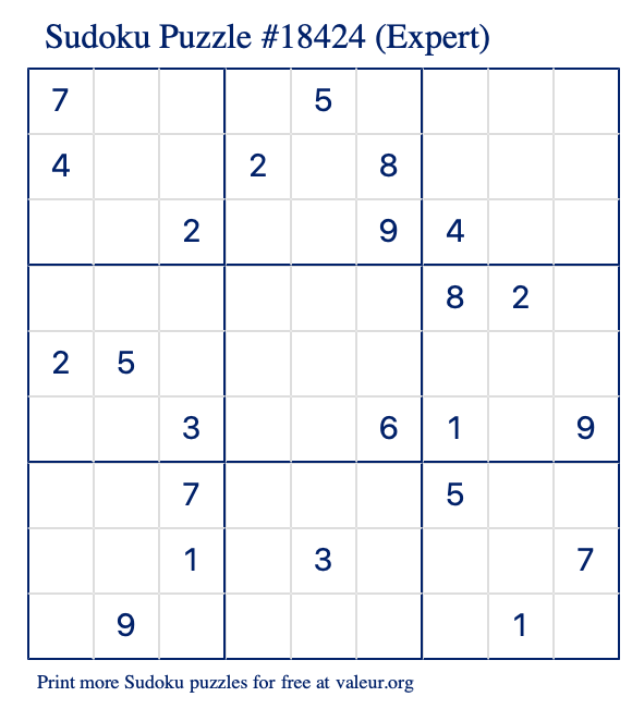 Free Printable Expert Sudoku Puzzle number 18424