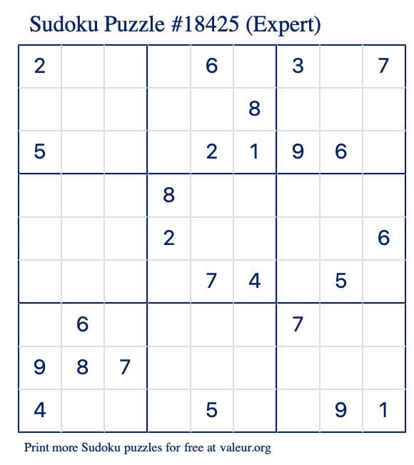 Free Printable Expert Sudoku Puzzle number 18425