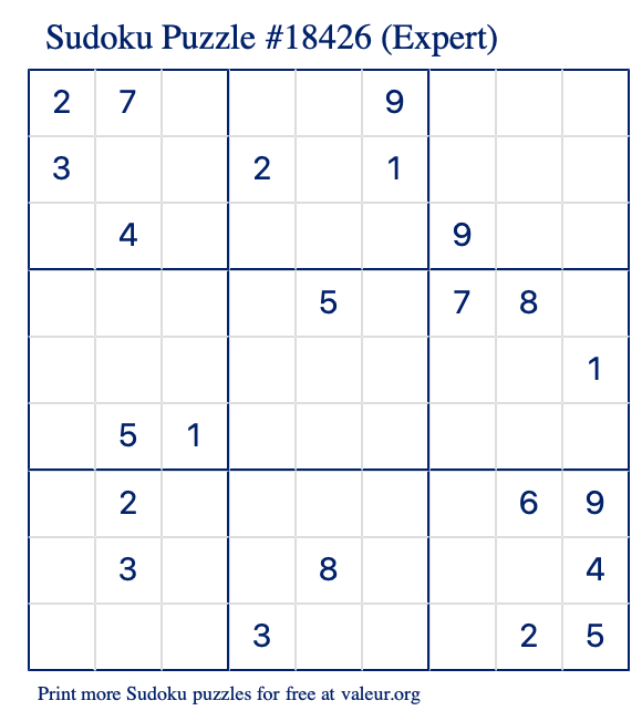 Free Printable Expert Sudoku Puzzle number 18426