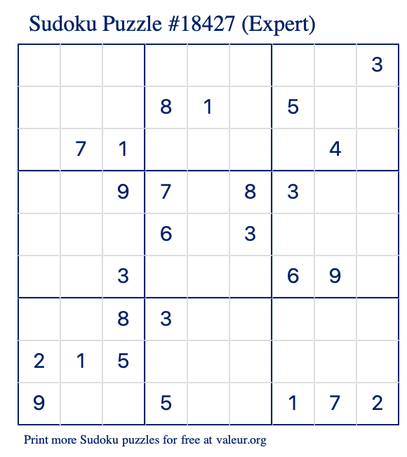 Free Printable Expert Sudoku Puzzle number 18427