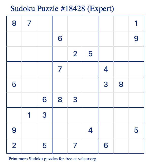 Free Printable Expert Sudoku Puzzle number 18428