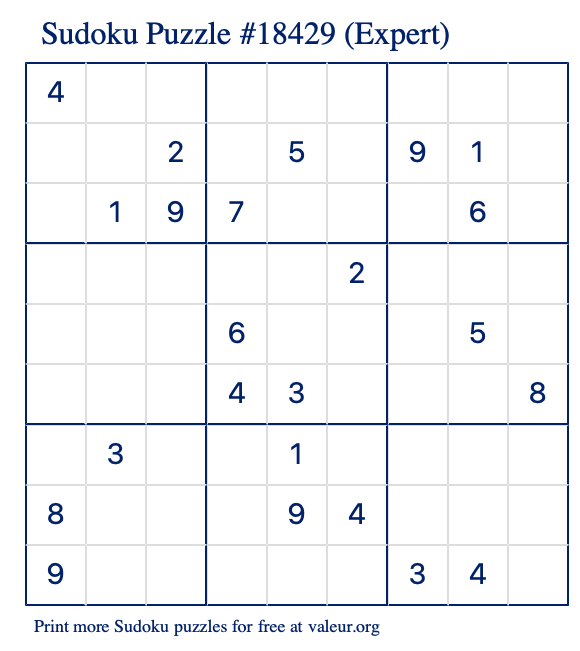 Free Printable Expert Sudoku Puzzle number 18429