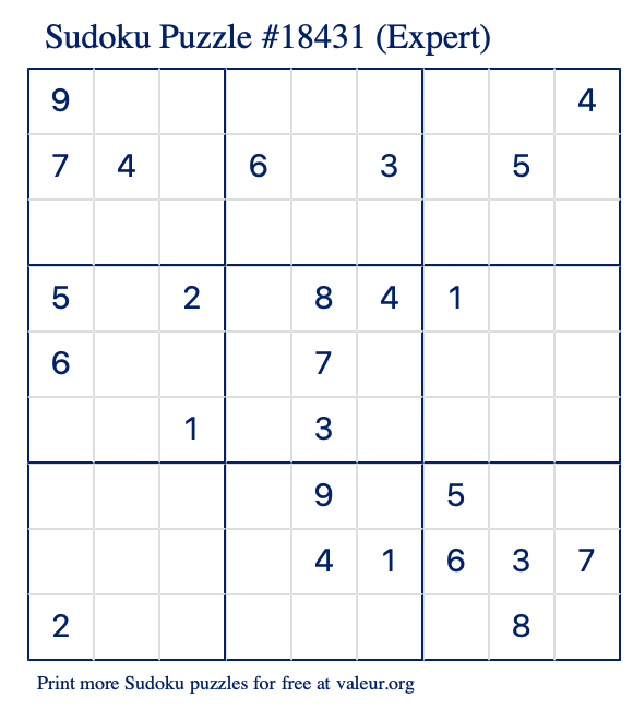 Free Printable Expert Sudoku Puzzle number 18431
