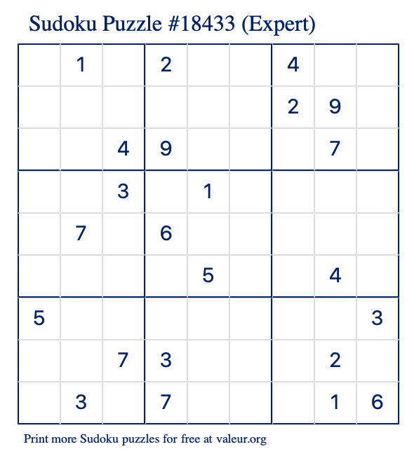 Free Printable Expert Sudoku Puzzle number 18433